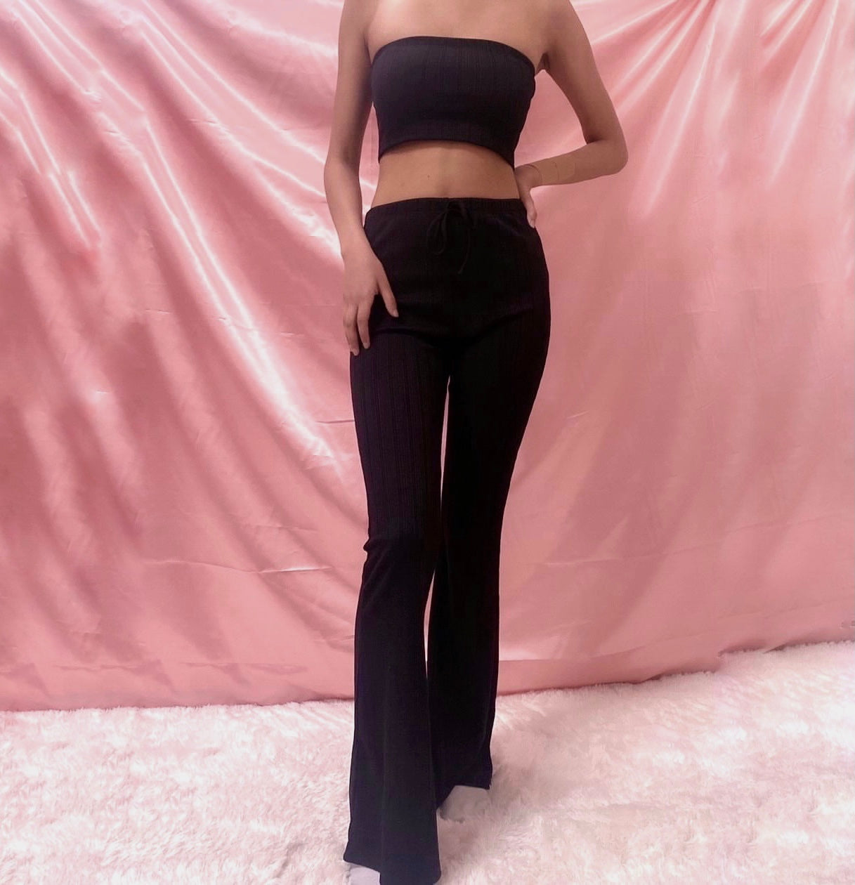 Black Daphne 2-Piece set. Tube top and Bell Bottom Pants. Stretchy, Soft ribbed knit material. 95% Polyester 5% Spandex