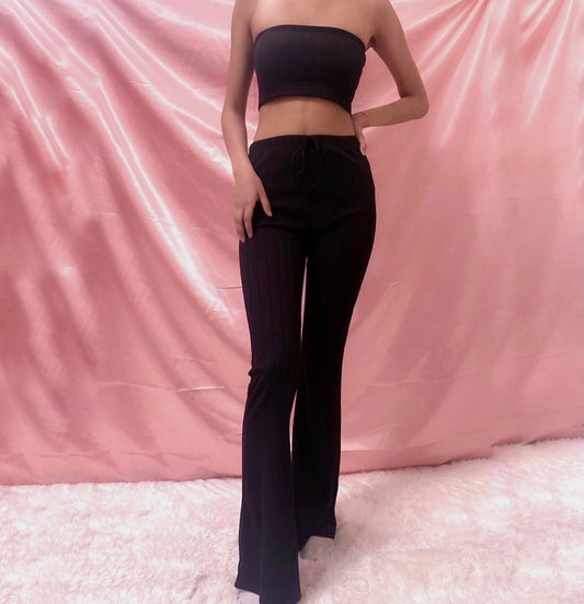 Black Daphne 2-Piece set. Tube top and Bell Bottom Pants. Stretchy, Soft ribbed knit material. 95% Polyester 5% Spandex